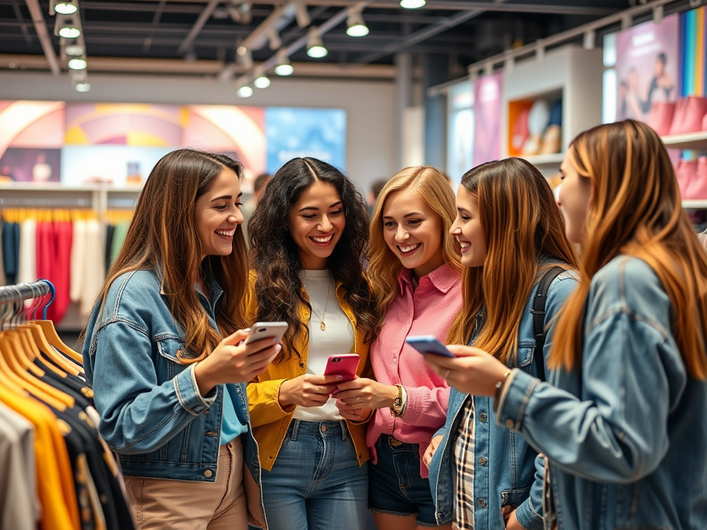 Cinq jeunes femmes souriantes regardent leurs téléphones dans un magasin de vêtements. Ambiance joyeuse et amicale.