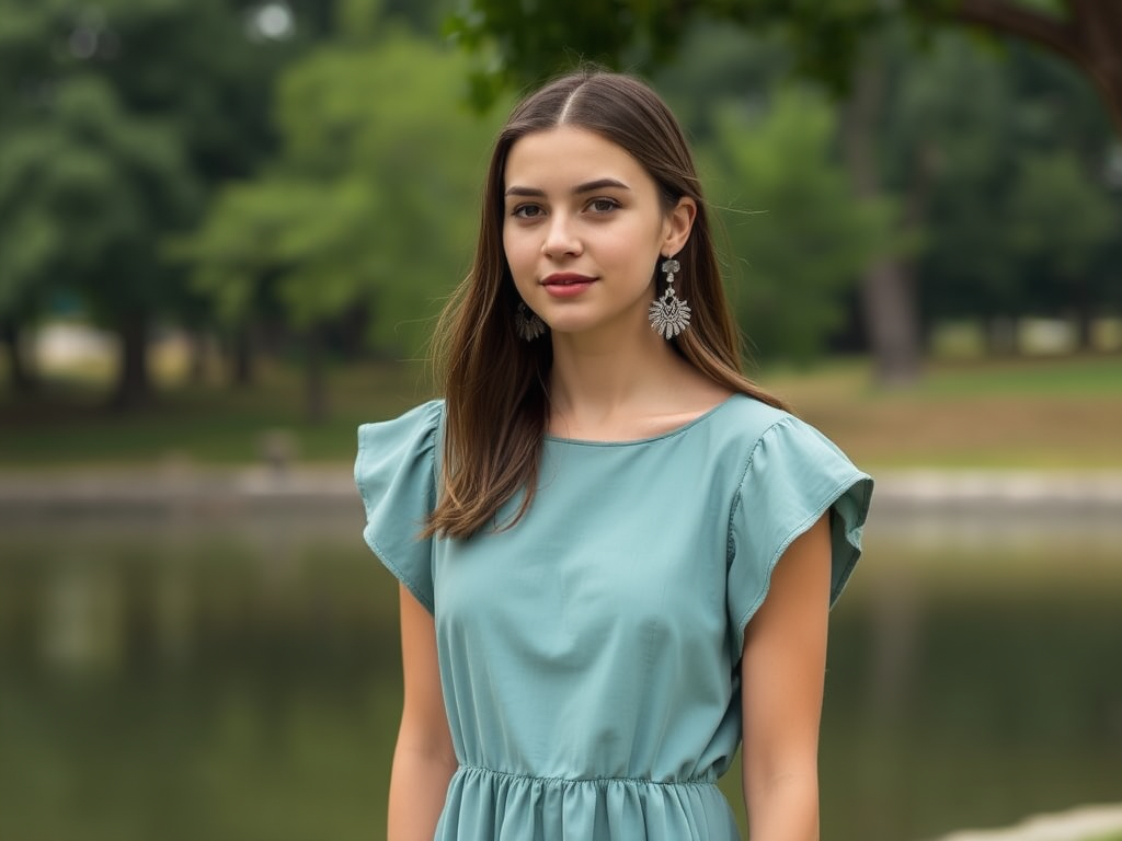 Une jeune femme souriante porte une robe bleu clair et des boucles d'oreilles élégantes, près d'un lac.