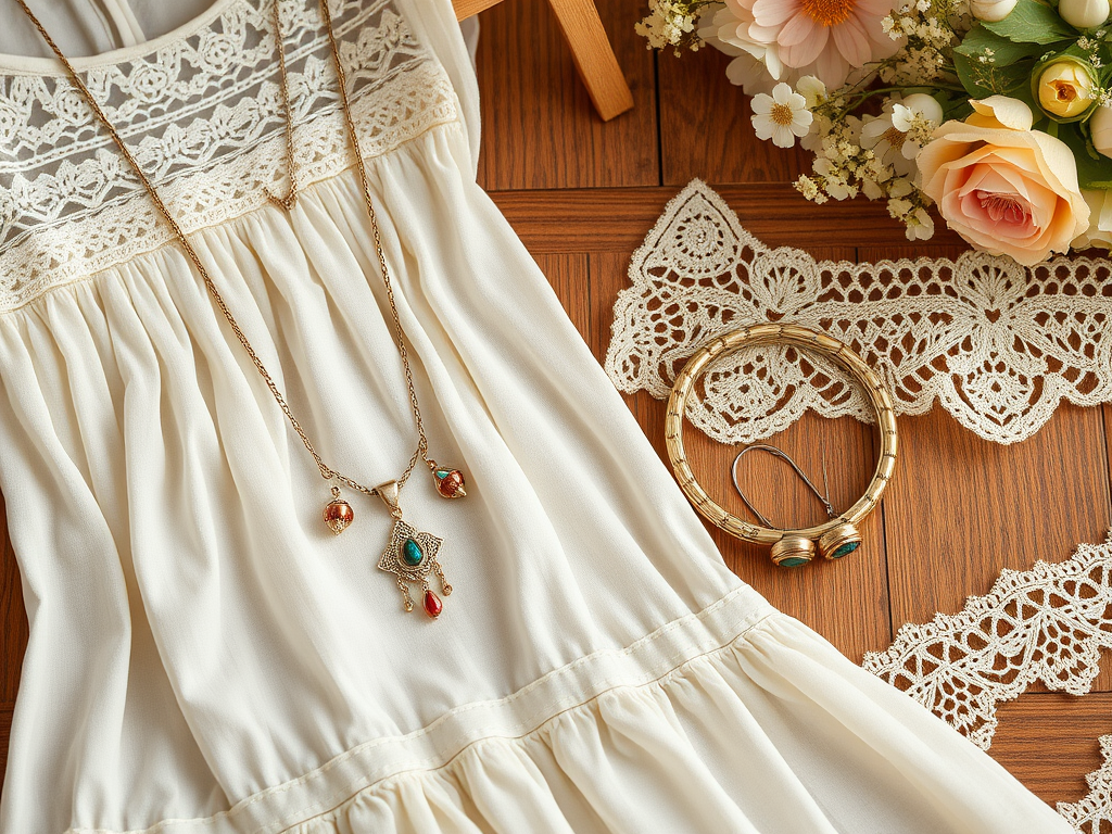 Robe blanche avec dentelle, collier orné de pierres et bijoux en or, entourés de fleurs sur une table en bois.