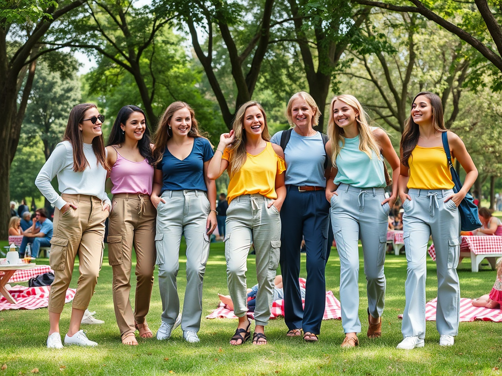 Un groupe de sept femmes souriantes marche ensemble dans un parc, vêtues de teintes pastel et de pantalons décontractés.