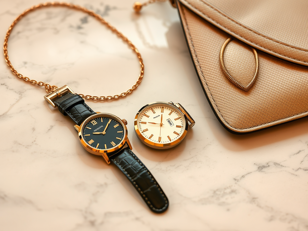 Deux montres élégantes et un sac à main en simili cuir sur un fond de marbre. Accessoires de mode raffinés.