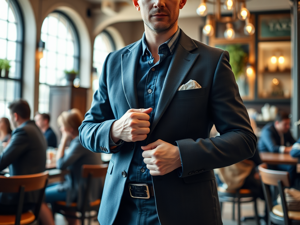 Un homme en costume ajusté se prépare, entouré de personnes dans un café animé. L'atmosphère est élégante et professionnelle.