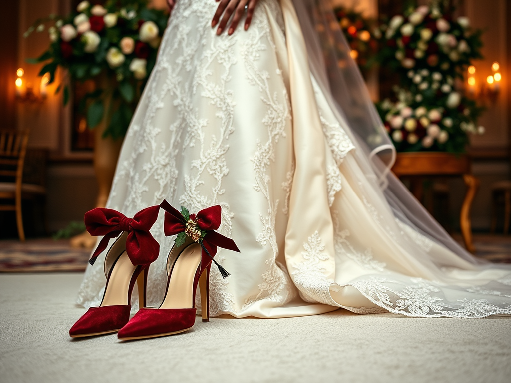 Une robe de mariée élégante avec des escarpins rouges à nœud et des détails floraux en arrière-plan.