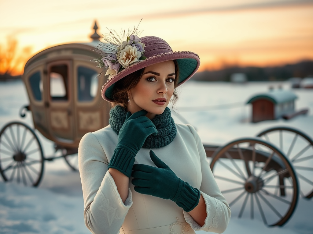 Une femme élégante en manteau blanc, chapeau et gants, posant dans un paysage enneigé au coucher du soleil.
