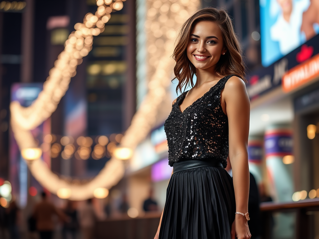 Une jeune femme souriante en robe scintillante se tient dans une rue animée, décorée de lumières.