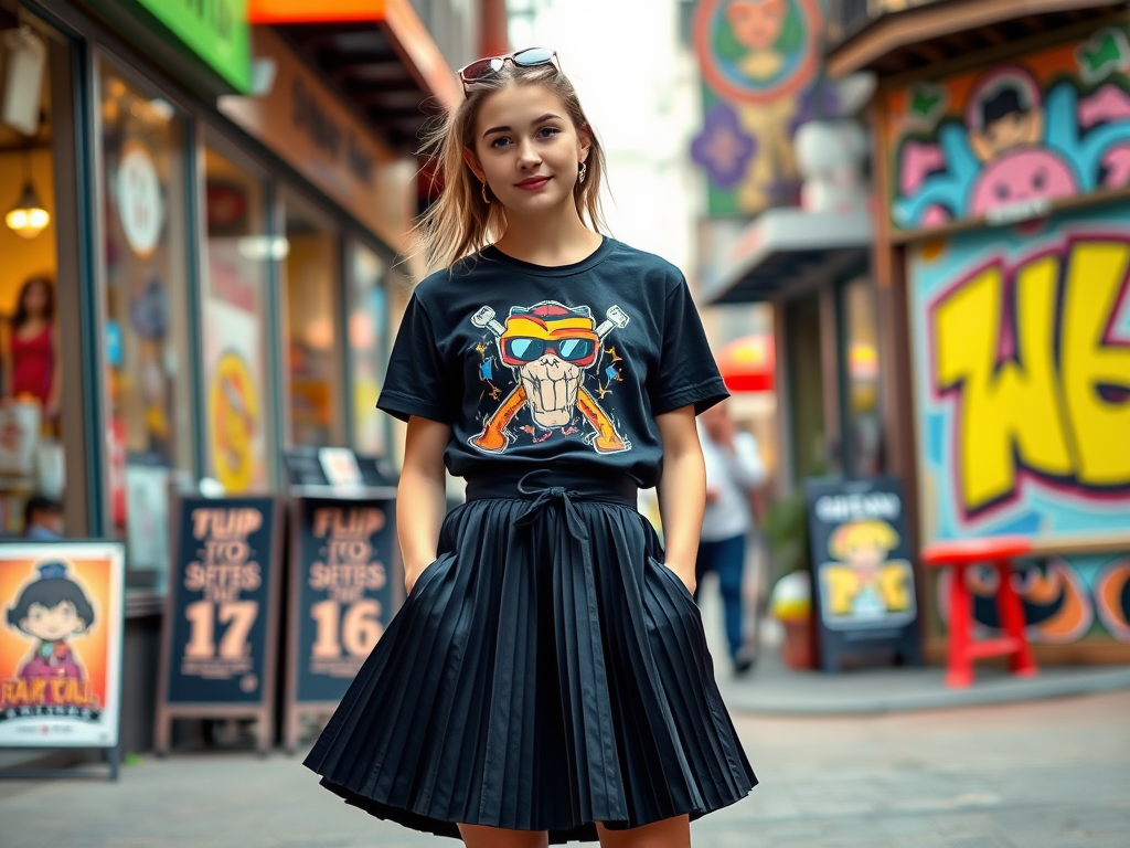 Une jeune femme souriante porte un t-shirt noir et une jupe plissée dans une rue colorée avec des graffitis.