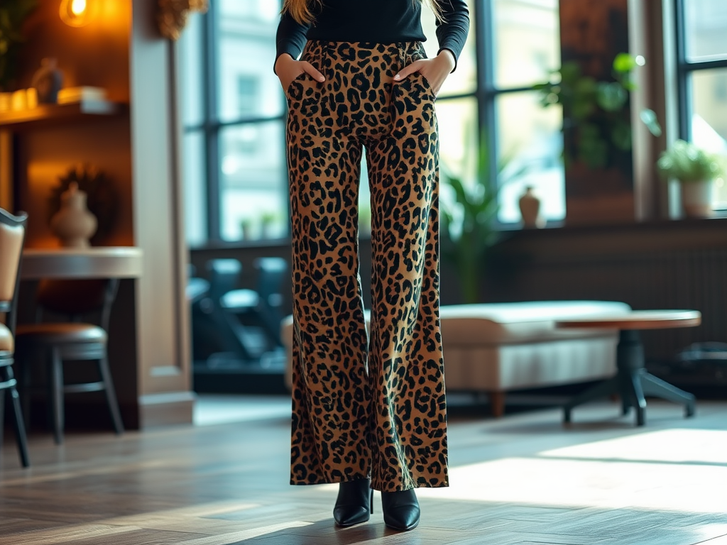 Une femme porte un pantalon à motif léopard dans un environnement intérieur élégant et lumineux.