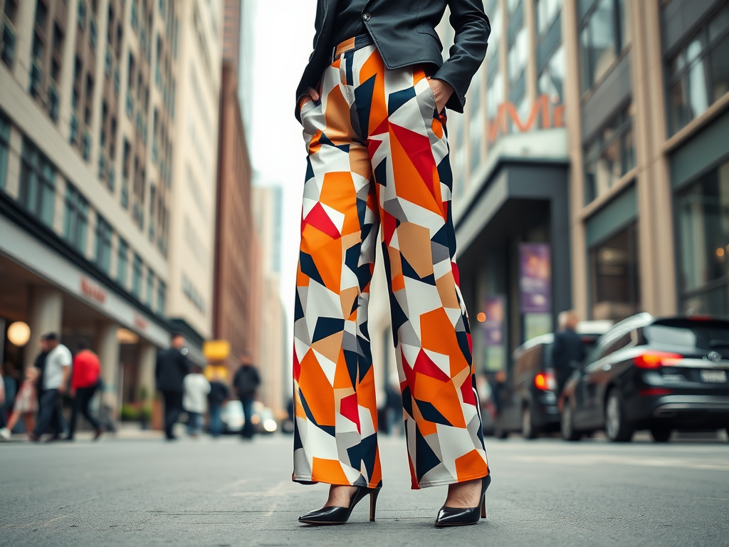 Une personne porte un pantalon large aux motifs géométriques colorés, marchant dans une rue animée en ville.
